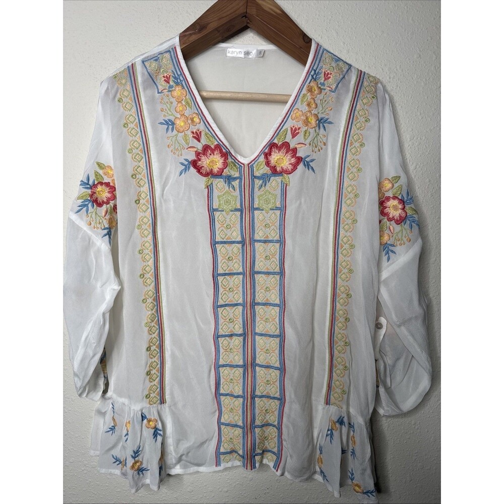 Karyn Seo Karyn Caite Top Women's S Embroidered Augusta Blouse White Rayon